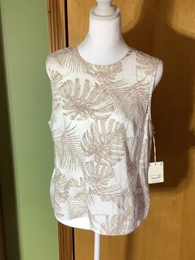 ANA white and tan linen blend tropical top, size medium